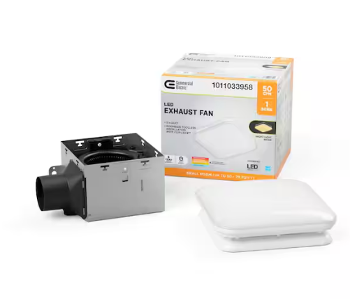 Commercial Electric 50 CFM Ceiling/Wall Mount Roomside Installation Bathroom Exhaust Fan with Adjustable CCT LED, Night Light, ENERGY STAR