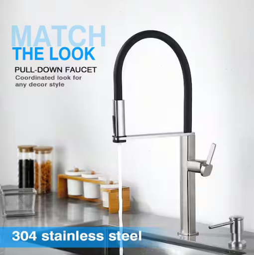 ruiling 22 in. Single Handle Pull Down Sprayer Kitchen Faucet with 360° Spout Swivel in Brushed Nickel