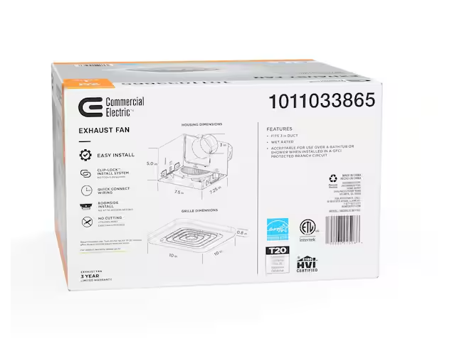 Commercial Electric 50 CFM Ceiling/Wall Mount No Cut Clip-Lock, Roomside Installation Square Bathroom Exhaust Fan, ENERGY STAR