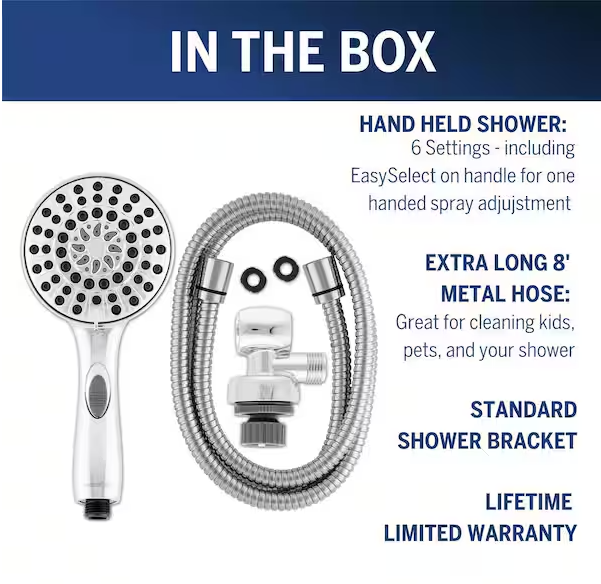 Easy Reach+ 6-Spray Wall Mount Handheld Shower Head with 8ft Hose and Flow Control 1.8 GPM in Chrome