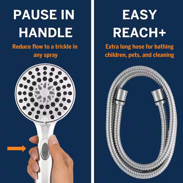 Easy Reach+ 6-Spray Wall Mount Handheld Shower Head with 8ft Hose and Flow Control 1.8 GPM in Chrome