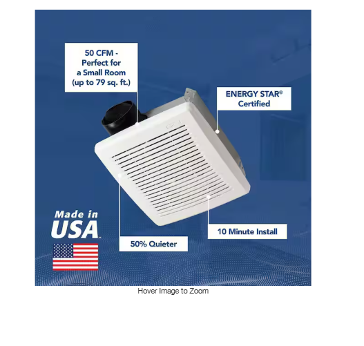 Broan-NuTone 50 CFM Ceiling Bathroom Exhaust Fan with No‑Cut Installation, Quiet Operation
