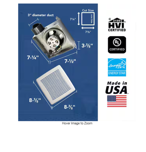 Broan-NuTone 50 CFM Ceiling Bathroom Exhaust Fan with No‑Cut Installation, Quiet Operation