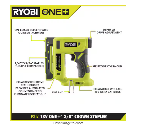 RYOBI ONE+ 18V Compression Drive Cordless 3/8 in. Crown Stapler