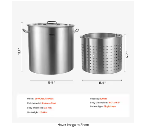 Commercial Stockpot 100 qt. Stainless Steel Nonstick in Silver Cookware Sauce Pot with Lid and Manual, Heavy Duty