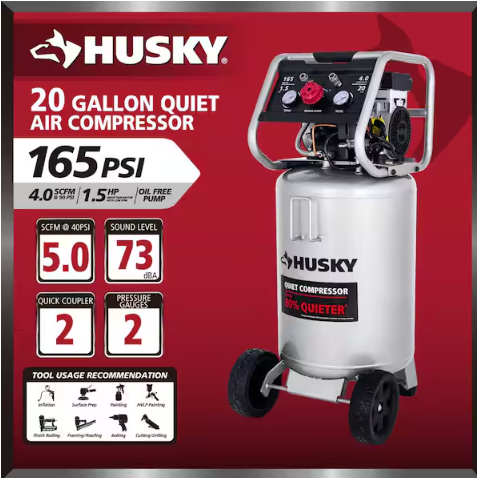 Husky 20 Gal.165 PSI Vertical Electric Oil-Free Quiet Auto/Workshop Air Compressor with Dual Gauges and 2-Quick Couplers