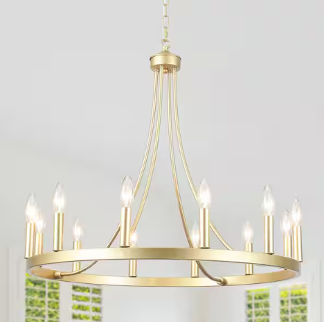 Loene 12-Light Spray Gold Farmhouse Candle Style Dimmable Kitchen Island Wagon Wheel Chandelier for Living Room