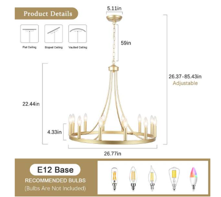 Loene 12-Light Spray Gold Farmhouse Candle Style Dimmable Kitchen Island Wagon Wheel Chandelier for Living Room