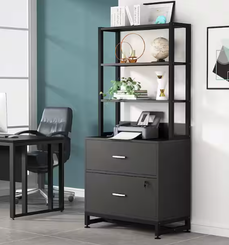 Cindy 2-Drawer Black Wood 29 in. W Vertical File Cabinet Printer Stand with 4 Shelves Storage for Home Office Workplace
