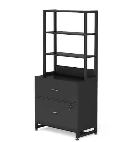 Cindy 2-Drawer Black Wood 29 in. W Vertical File Cabinet Printer Stand with 4 Shelves Storage for Home Office Workplace