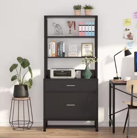Cindy 2-Drawer Black Wood 29 in. W Vertical File Cabinet Printer Stand with 4 Shelves Storage for Home Office Workplace