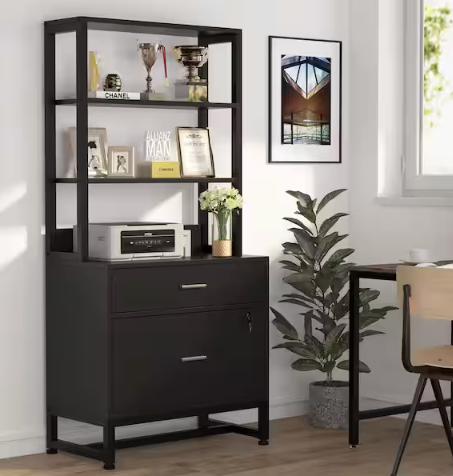 Cindy 2-Drawer Black Wood 29 in. W Vertical File Cabinet Printer Stand with 4 Shelves Storage for Home Office Workplace