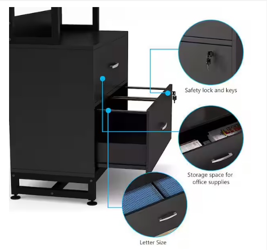 Cindy 2-Drawer Black Wood 29 in. W Vertical File Cabinet Printer Stand with 4 Shelves Storage for Home Office Workplace