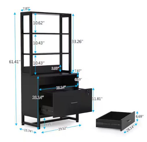 Cindy 2-Drawer Black Wood 29 in. W Vertical File Cabinet Printer Stand with 4 Shelves Storage for Home Office Workplace