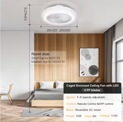 20 in. Indoor White Caged Enclosed Ceiling Fan with LED Light Modern Low Profile Ceiling Fan with Remote and APP Control