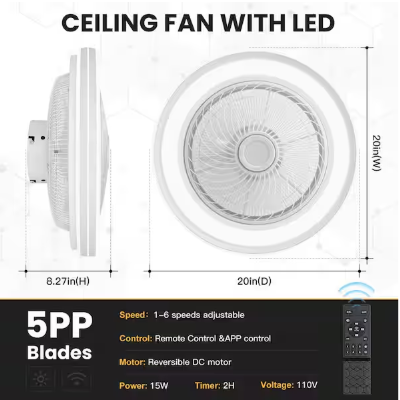 20 in. Indoor White Caged Enclosed Ceiling Fan with LED Light Modern Low Profile Ceiling Fan with Remote and APP Control