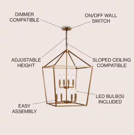 Pagoda 20 in. 8-Bulb Antique Gold Lantern Metal LED Pendant