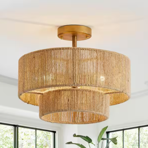 15.4 in. 3-Light Bohemian Antique Gold Two-Tier Drum Semi- Flush Mount with Natural Jute Rope Shade