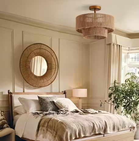 15.4 in. 3-Light Bohemian Antique Gold Two-Tier Drum Semi- Flush Mount with Natural Jute Rope Shade