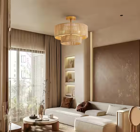 15.4 in. 3-Light Bohemian Antique Gold Two-Tier Drum Semi- Flush Mount with Natural Jute Rope Shade