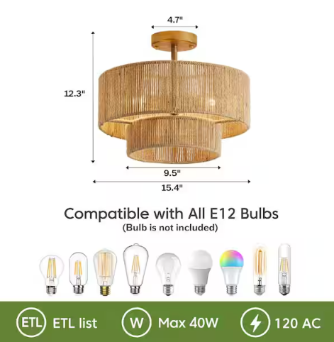 15.4 in. 3-Light Bohemian Antique Gold Two-Tier Drum Semi- Flush Mount with Natural Jute Rope Shade