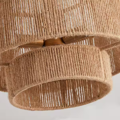 15.4 in. 3-Light Bohemian Antique Gold Two-Tier Drum Semi- Flush Mount with Natural Jute Rope Shade