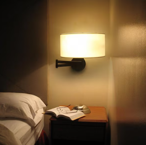 Modern 2-Light Black Swing Arm Wall Lamp with white drum Fabric Shade