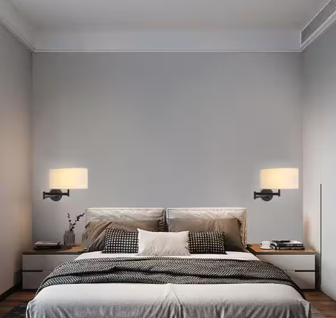 Modern 2-Light Black Swing Arm Wall Lamp with white drum Fabric Shade