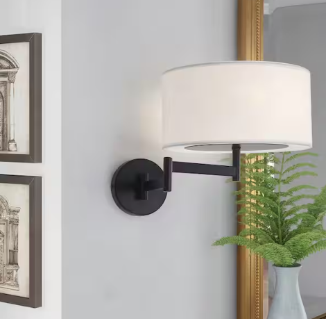 Modern 2-Light Black Swing Arm Wall Lamp with white drum Fabric Shade