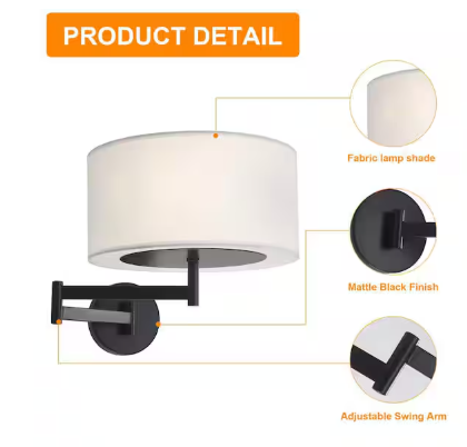 Modern 2-Light Black Swing Arm Wall Lamp with white drum Fabric Shade