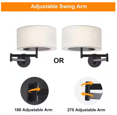 Modern 2-Light Black Swing Arm Wall Lamp with white drum Fabric Shade
