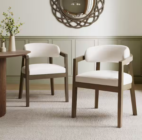 Candice Walnut Plus Beige Modern Solid Wood Upholstered Dining Chairs with Curved Backrest and Armrests (Set of 2)