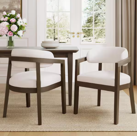 Candice Walnut Plus Beige Modern Solid Wood Upholstered Dining Chairs with Curved Backrest and Armrests (Set of 2)