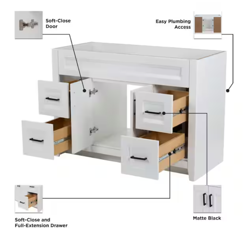 Ridge 48 in. W x 22 in. D x 34 in. H Bath Vanity Cabinet without Top in White
