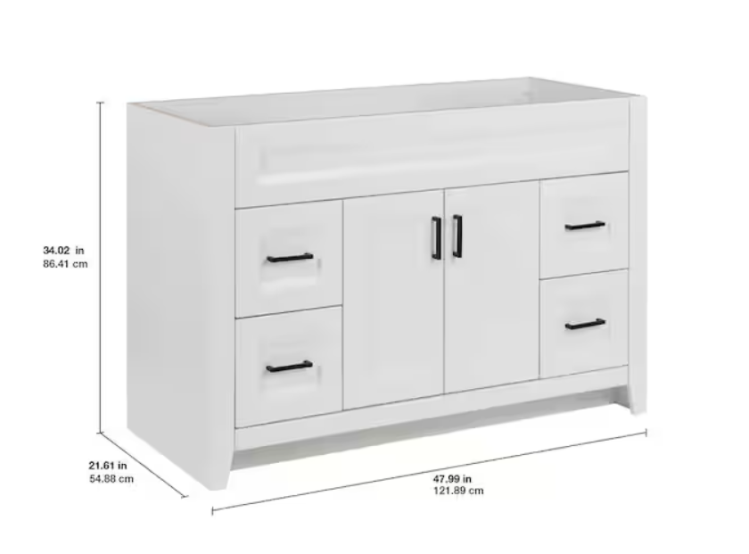 Ridge 48 in. W x 22 in. D x 34 in. H Bath Vanity Cabinet without Top in White