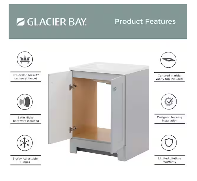 25 in. Single Sink Pearl Gray Bath Vanity with White Cultured Marble Top (Assembled)