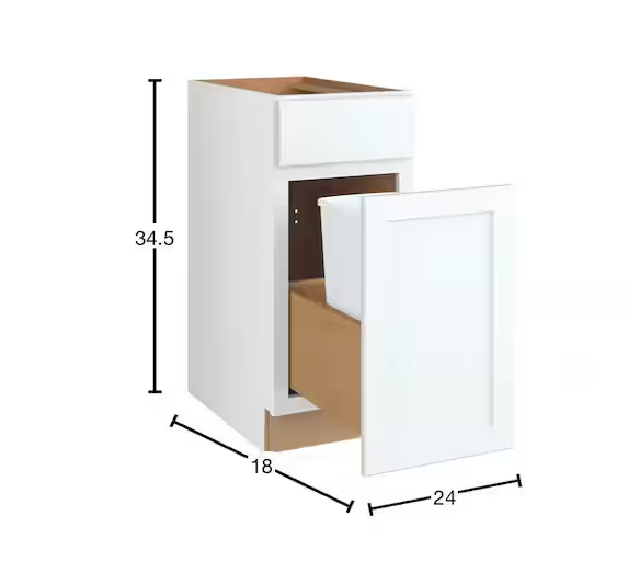 Hampton Bay Courtland 18 in. W x 24 in. D x 34.5 in. H Assembled Shaker Trash Can Kitchen Cabinet in Polar White