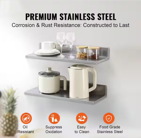 8.6 in. x 24 in. Stainless Steel Shelf, Wall Mounted Floating Shelving with Backsplash, 44 lbs. Load Capacity.Silver. 2 PIECES