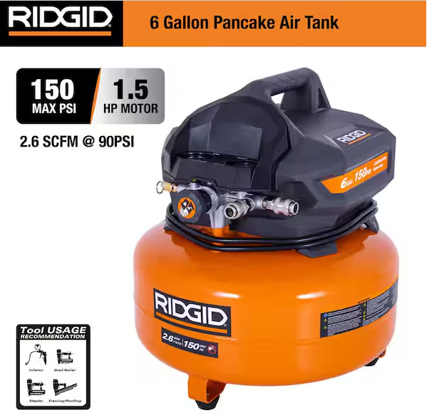 RIDGID 6 Gal. 150 PSI Portable Electric Oil-Free Jobsite Pancake Air Compressor with Dual Pressure Gauges and 2-Quick Couplers