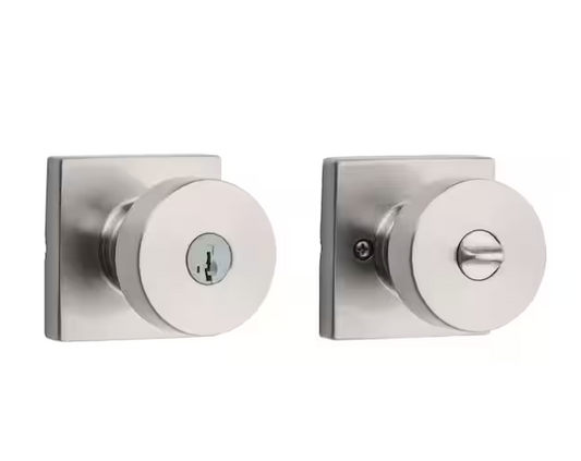 Kwikset Pismo Satin Nickel Keyed Entry Square Door Knob featuring SmartKey Technology