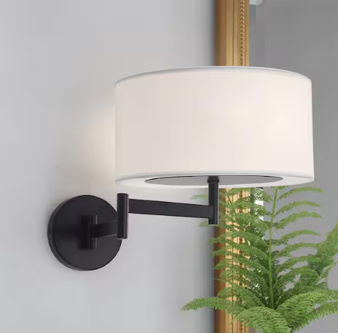 Modern 2-Light Black Swing Arm Wall Lamp with white drum Fabric Shade