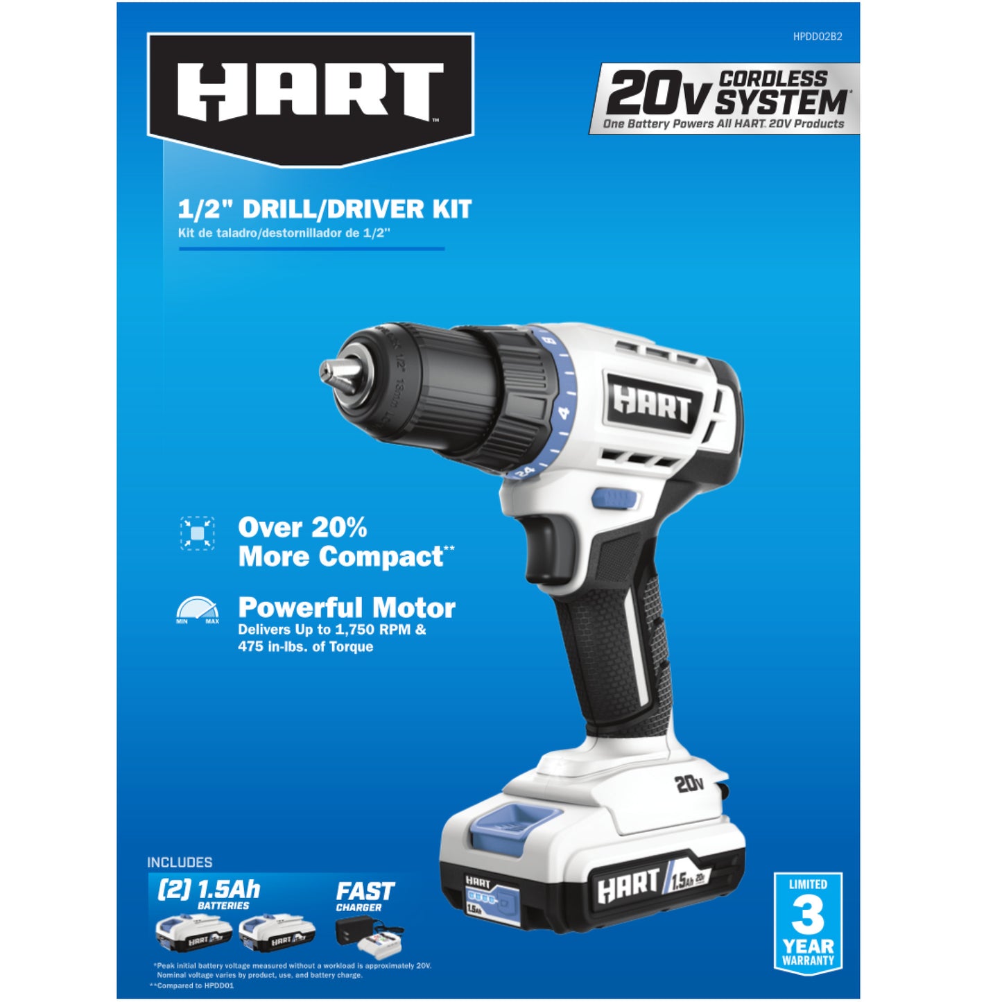 HART 20-Volt Cordless 1/2-inch Drill/Driver Kit, (2) 1.5Ah Lithium-Ion Batteries, Gen 2