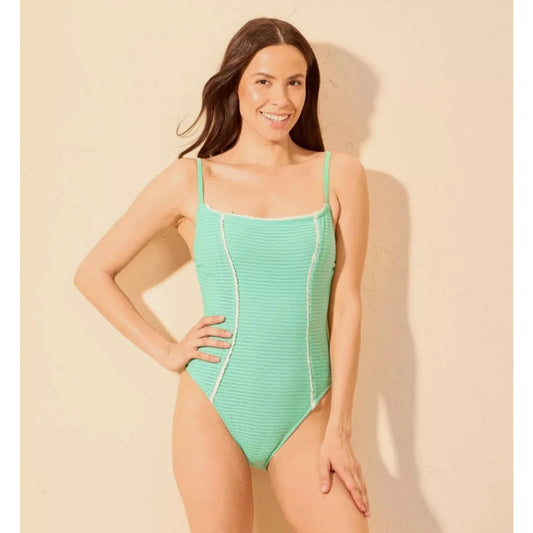 Women's Ruffle Trim High Leg Cheeky Swimsuit Shade & Shore Turquoise Blue S 4-6