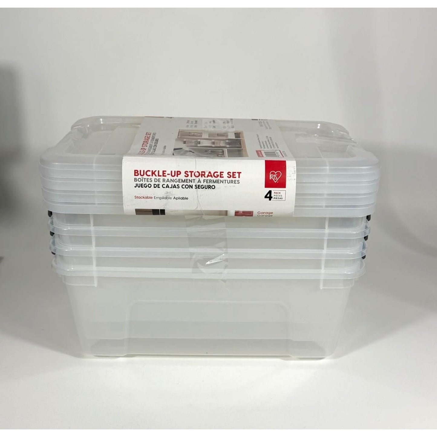 Iris Buckle-Up Storage Set 12.9 Quart 4 Pack Clear Plastic Storage Boxes W/ Lids