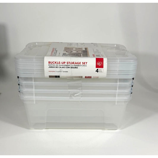 Iris Buckle-Up Storage Set 12.9 Quart 4 Pack Clear Plastic Storage Boxes W/ Lids
