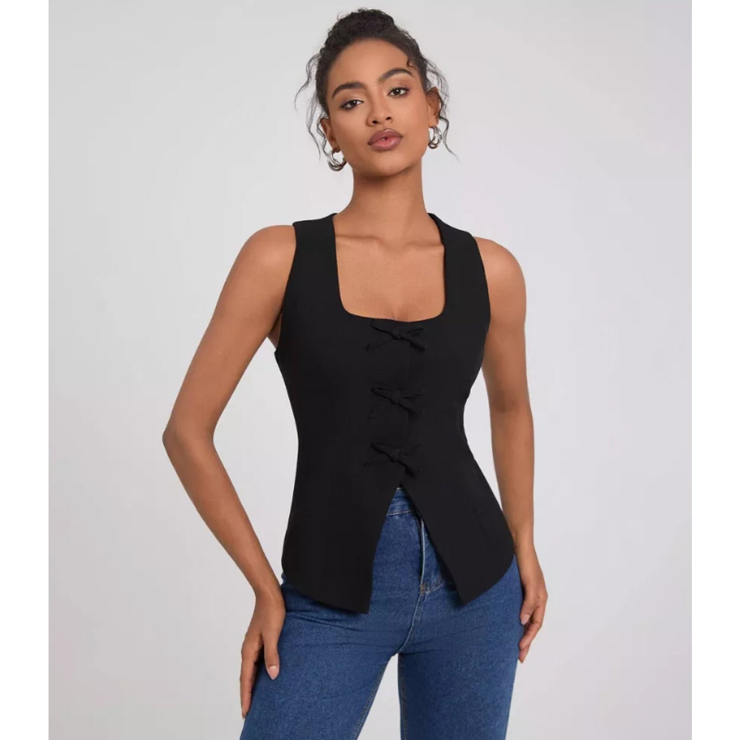 Women's Square Neck Sleeveless Front Bow Tie Closure Vest Top - A New Day™ XS