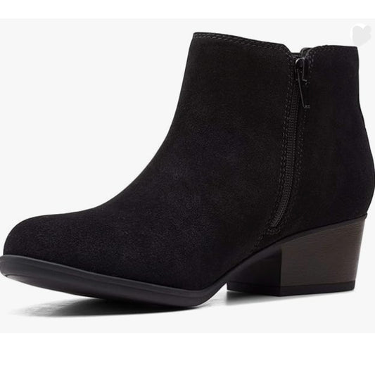 CLARKS Women’s Adreena Flora Suede Leather Bootie In Black US Size 10