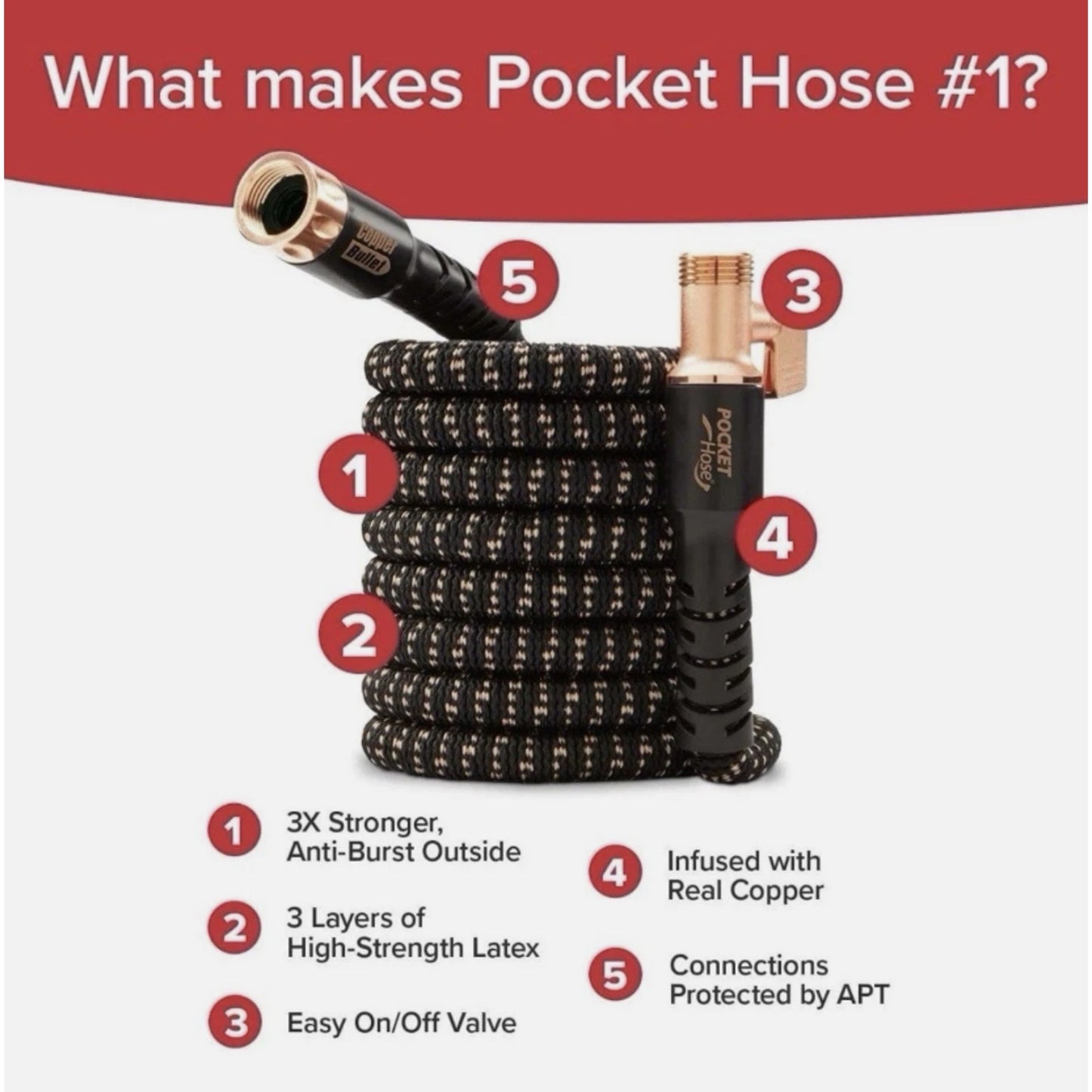 Pocket Hose 100 Ft. 3/4” Copper Bullet with 10 Spray Pattern Sprayer