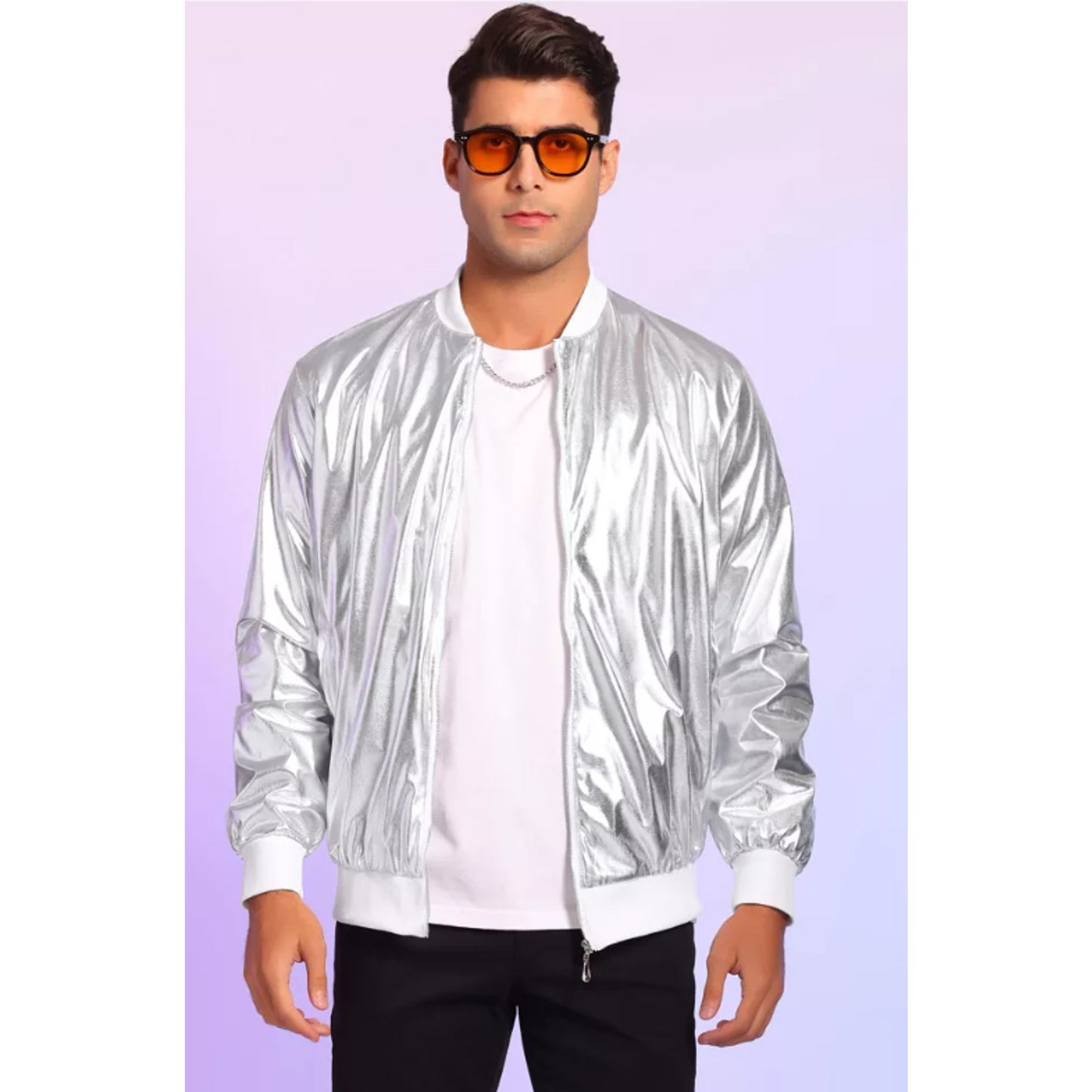 Lars Amadeus Men's Lightweight Metallic Zip Up Shiny Varsity Jacket Silver White