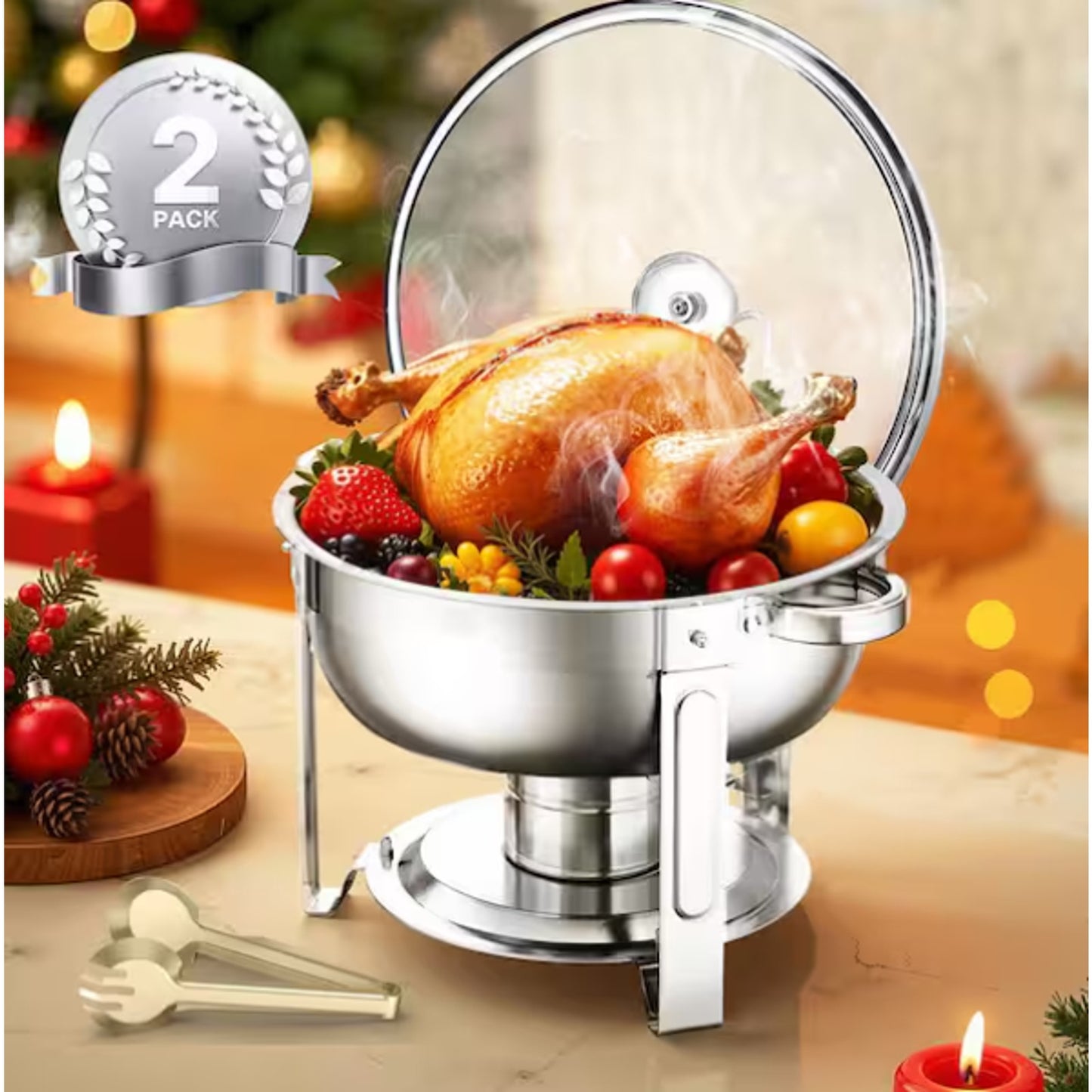 SVOPES 5 Qt 2 Pack Round Chafing Dish Buffet Set Full-Size Pan Stainless Steel